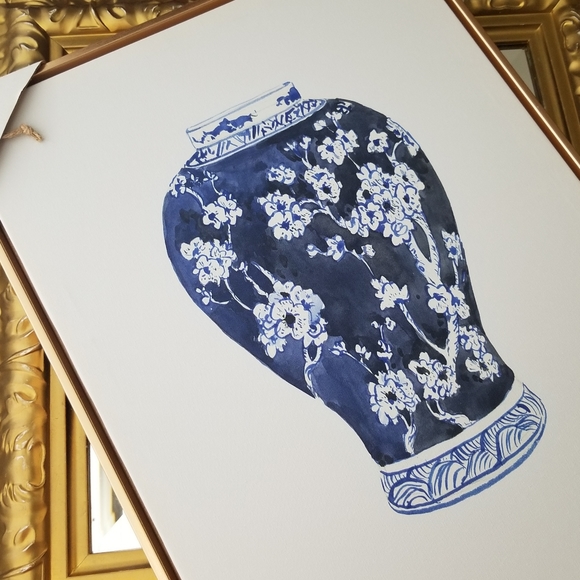 ❗Blue White Floral Chinese Style Vase Canvas Artwork with Gold Trim Frame❗ - Picture 2 of 9
